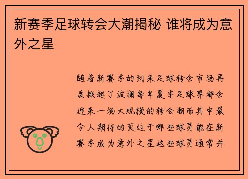 新赛季足球转会大潮揭秘 谁将成为意外之星