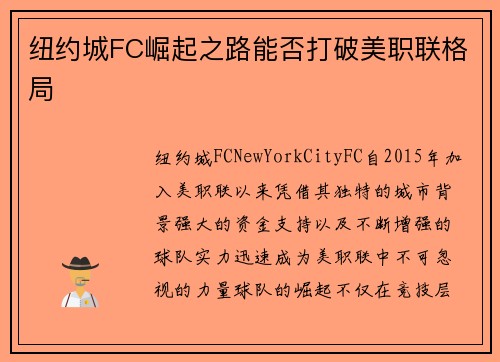 纽约城FC崛起之路能否打破美职联格局